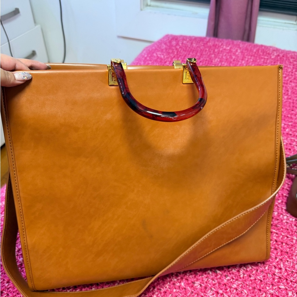 Fendi Tan Leather Tote with Red Accents Large - Picture 2 of 3